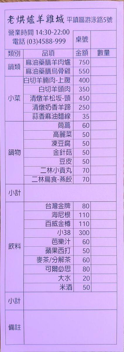 老烘爐羊雞城菜單